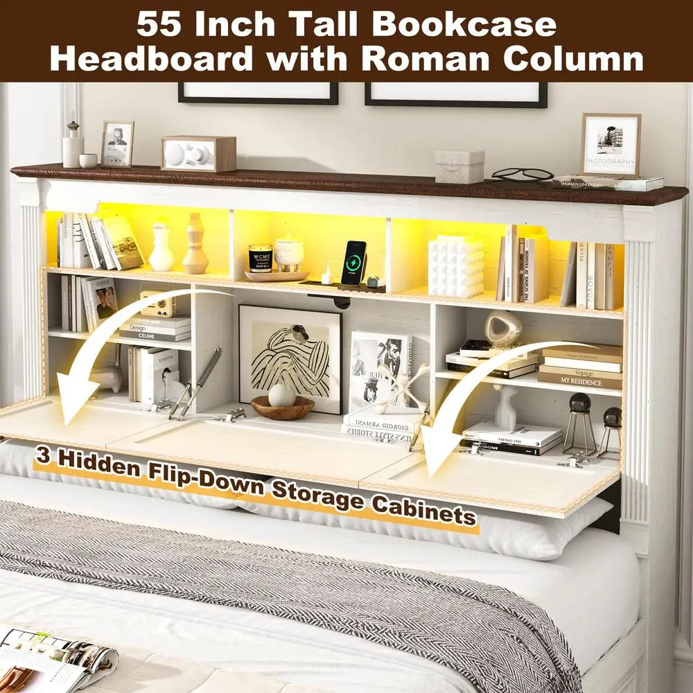 King Size Bed Frame 55" Tall Storage Headboard, 4 Drawers, 24" Tall Footboard