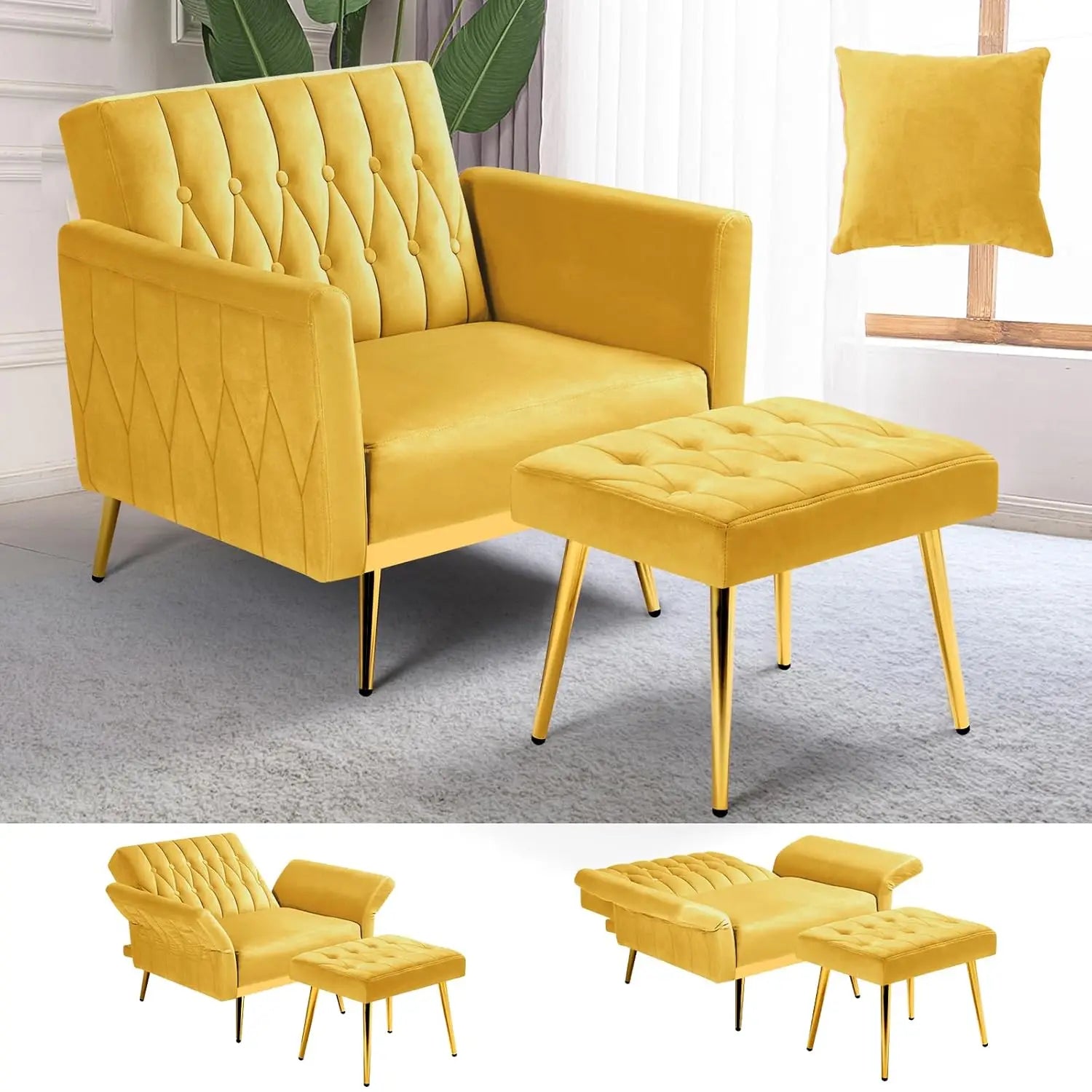 Velvet Recliner Chair Adjustable Armrests and Backrest, Button Tufted Chair