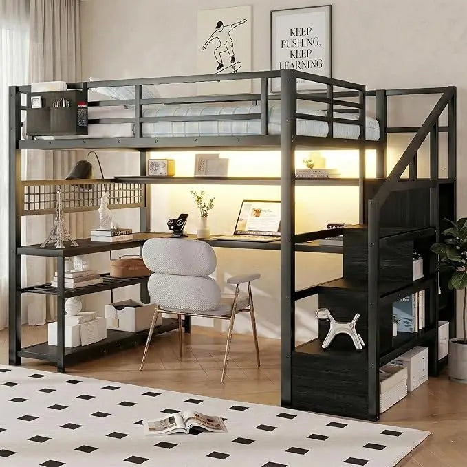 Full Size Loft Bed Frame w/Stairs, Desk, Storage Staircase, Charging Station & LED Light
