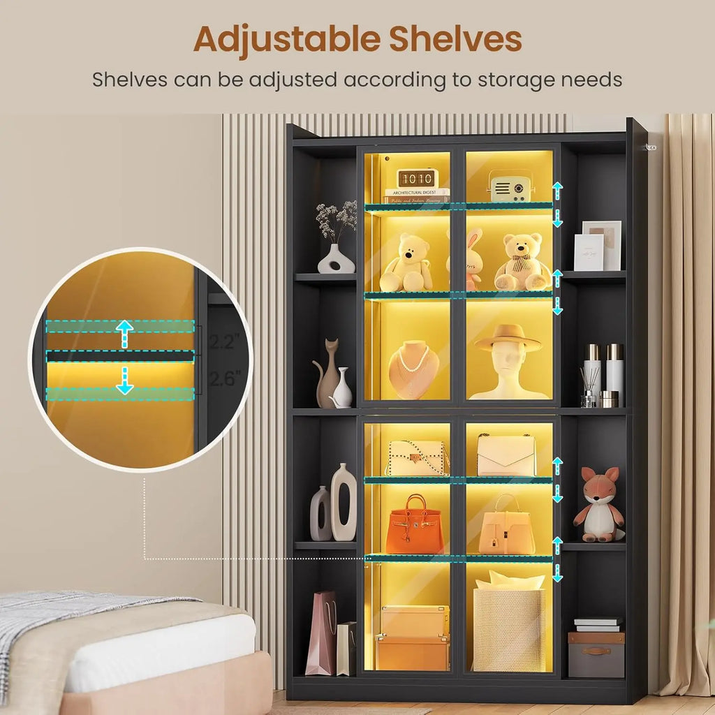 Cabinet Acrylic Glass Doors LED Lights, 70" Tall, Adjustable Shelves