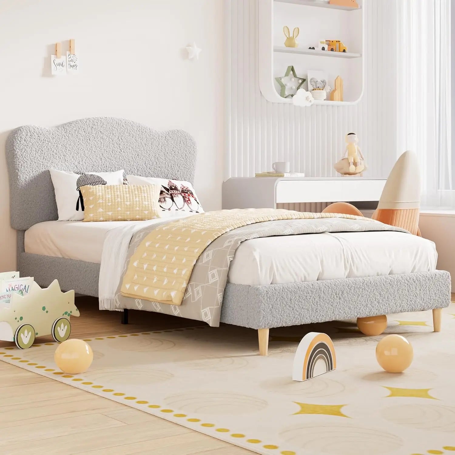 Twin Upholstered Bed, Scallop Headboard Velvet Platform Wooden Slats Noise Free