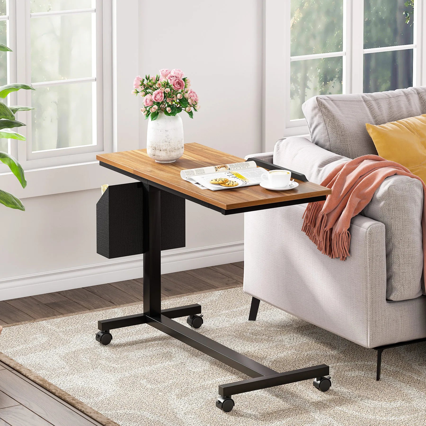 Height Adjustable C-Shaped Table, Wheels, Side Pocket, Tiltable Drawing Board