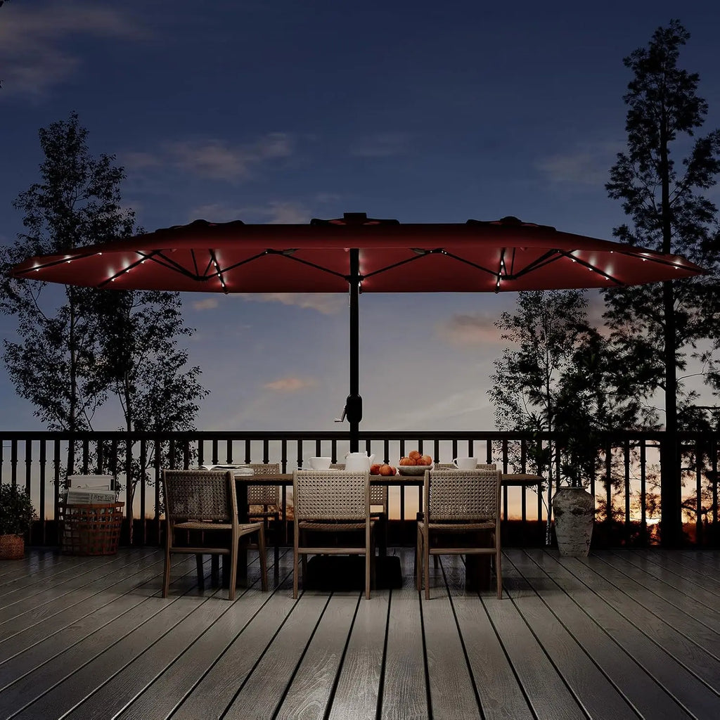 15Ft Rectangular Umbrella, Solar Lights 36 LED Lights, Base, Crank Handle