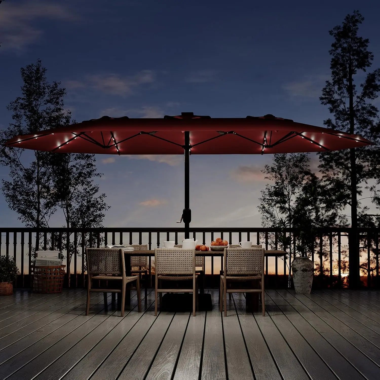 15Ft Rectangular Umbrella, Solar Lights 36 LED Lights, Base, Crank Handle