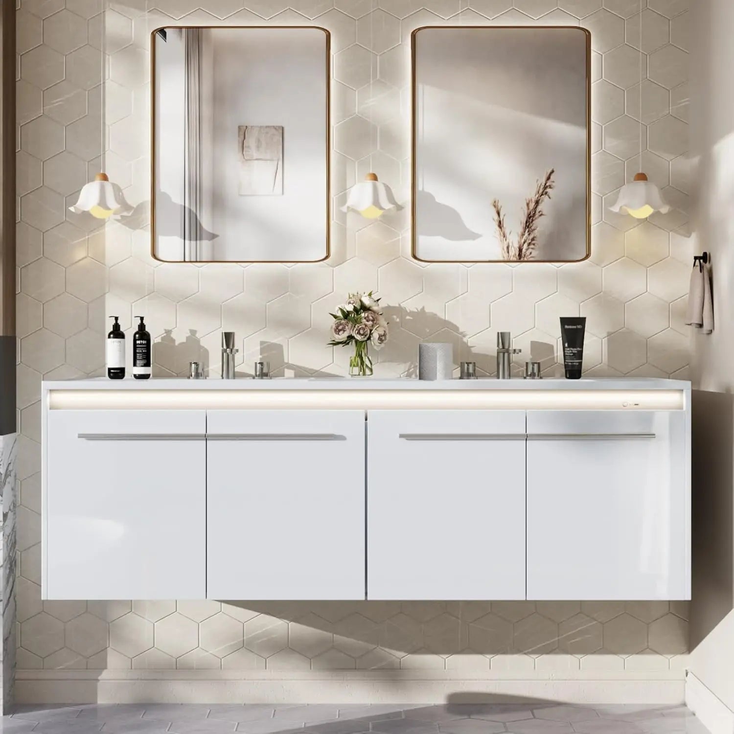 60" Floating LED Double Vanity/Cabinet-Soft Close, 3-Hole Sink,