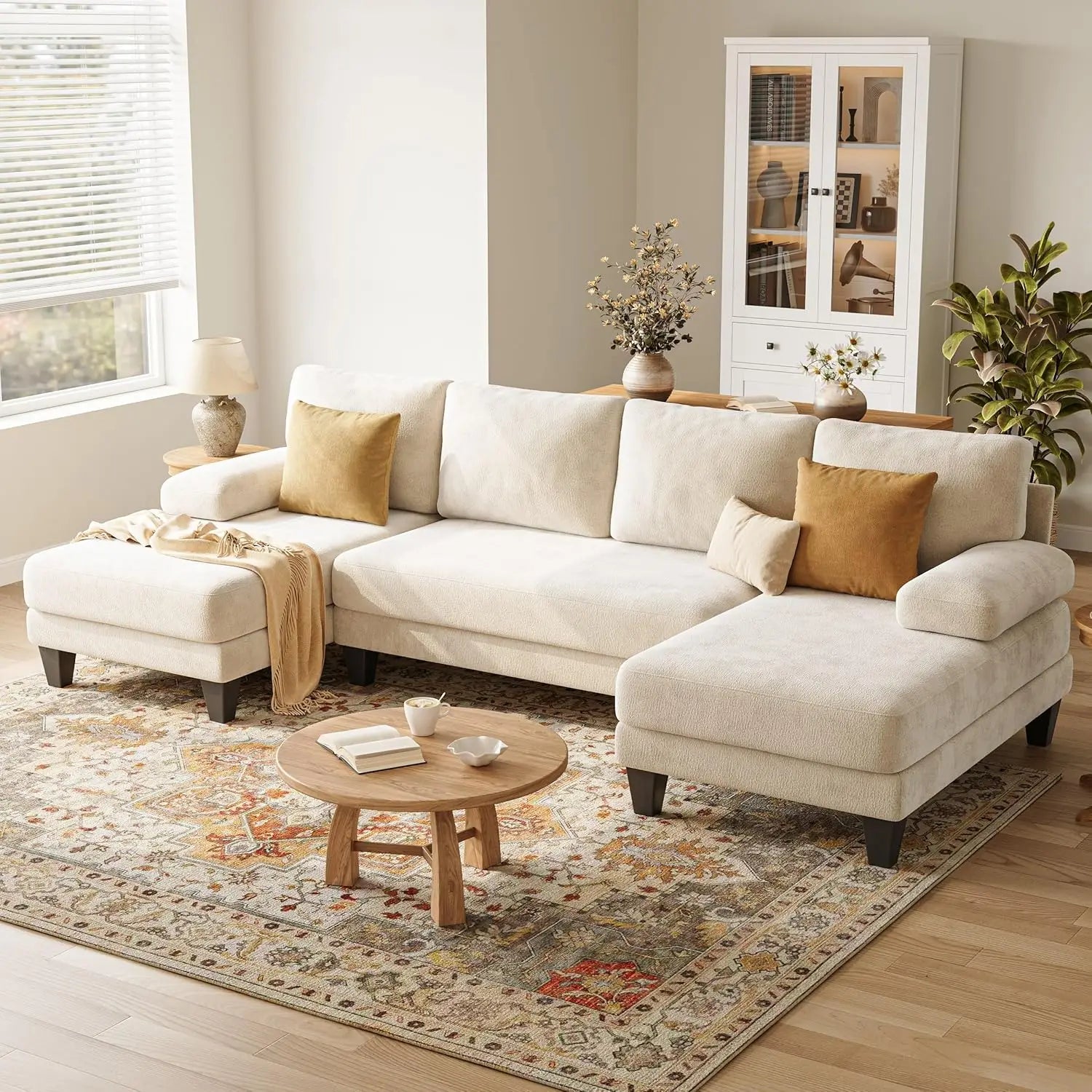 U-Shaped Sectional Couch | Chenille Sofa Double Chaise | 112IN