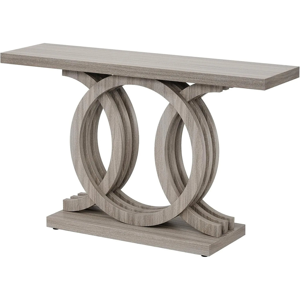 55IN Console Table with Geometric Wood Base, Thick Tabletop (Gray)