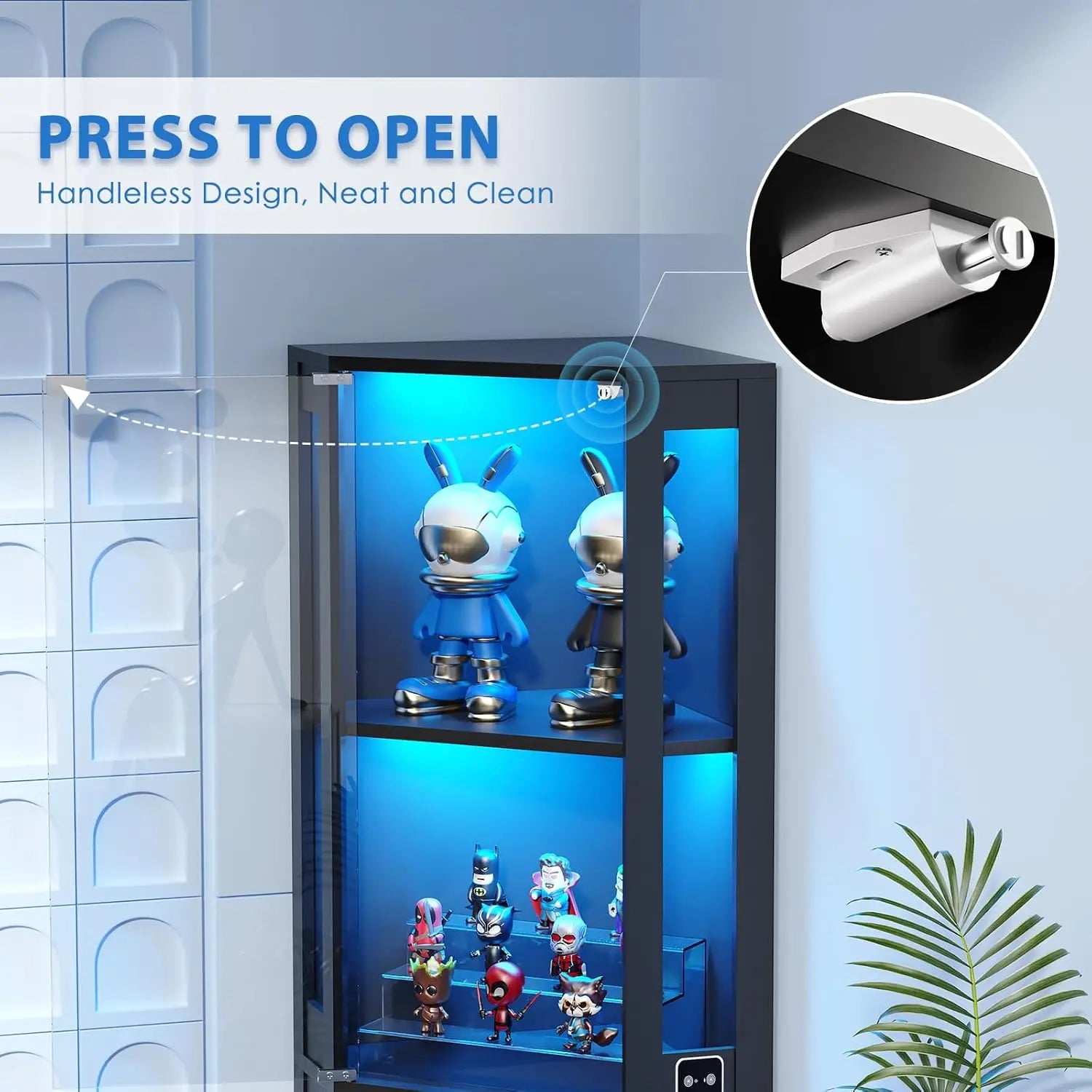 65" Corner Glass Display, LED Lights, 4-Tier, Glass Doors & Human Body Sensor