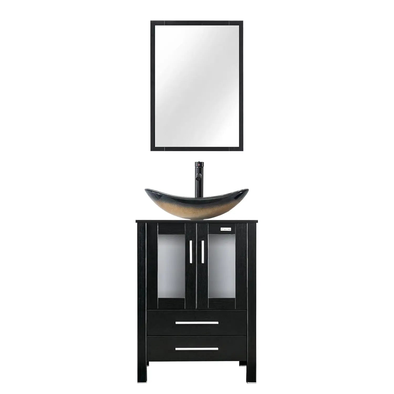 24" Vanity Blue Glass Vessel 2 Drawers Cabinet Soft Closing