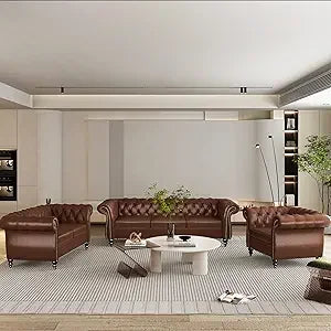 3-Piece Set, Velvet Chesterfield Sofa, Loveseat, Chair with Scroll Arms