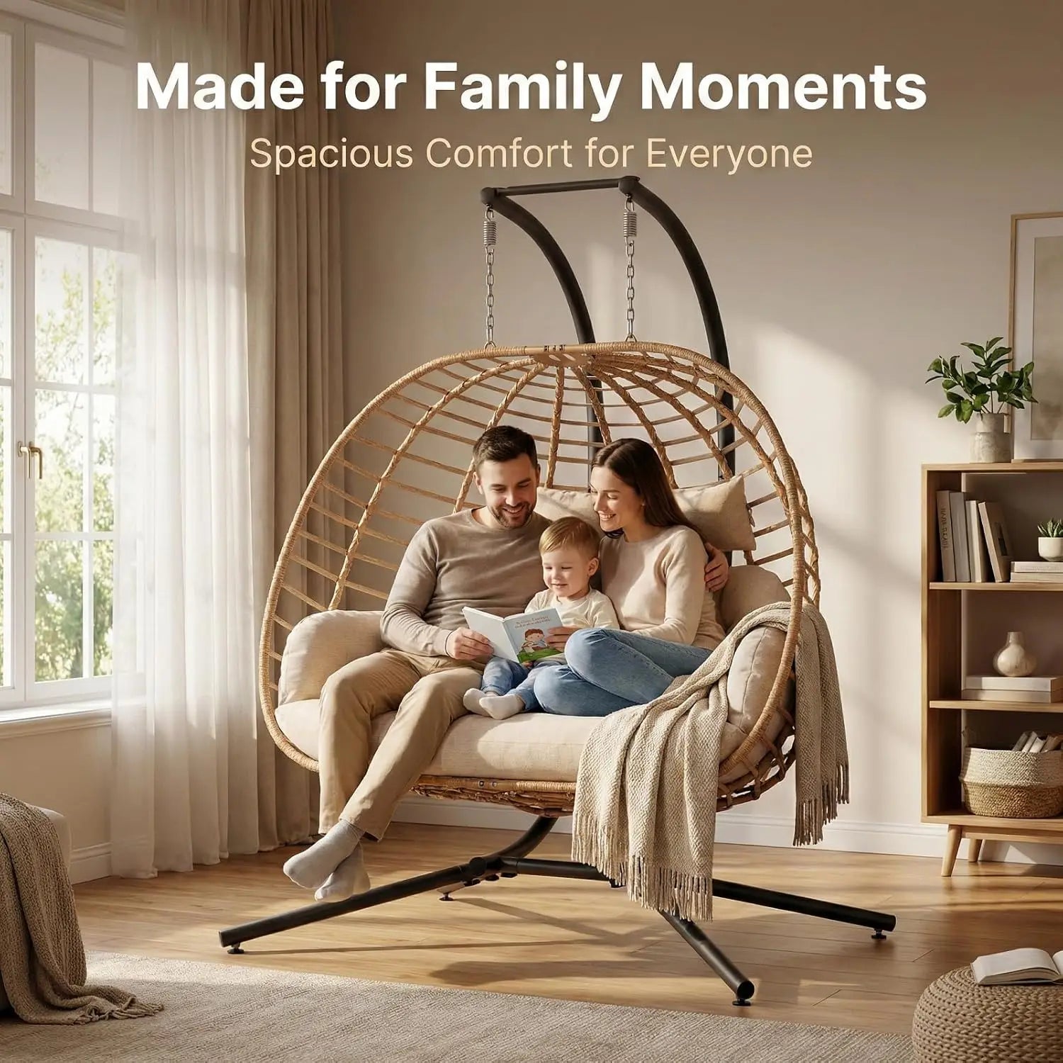 Double Hanging Egg Chair w/Stand, 2 Person Swing Chair w/Cushion