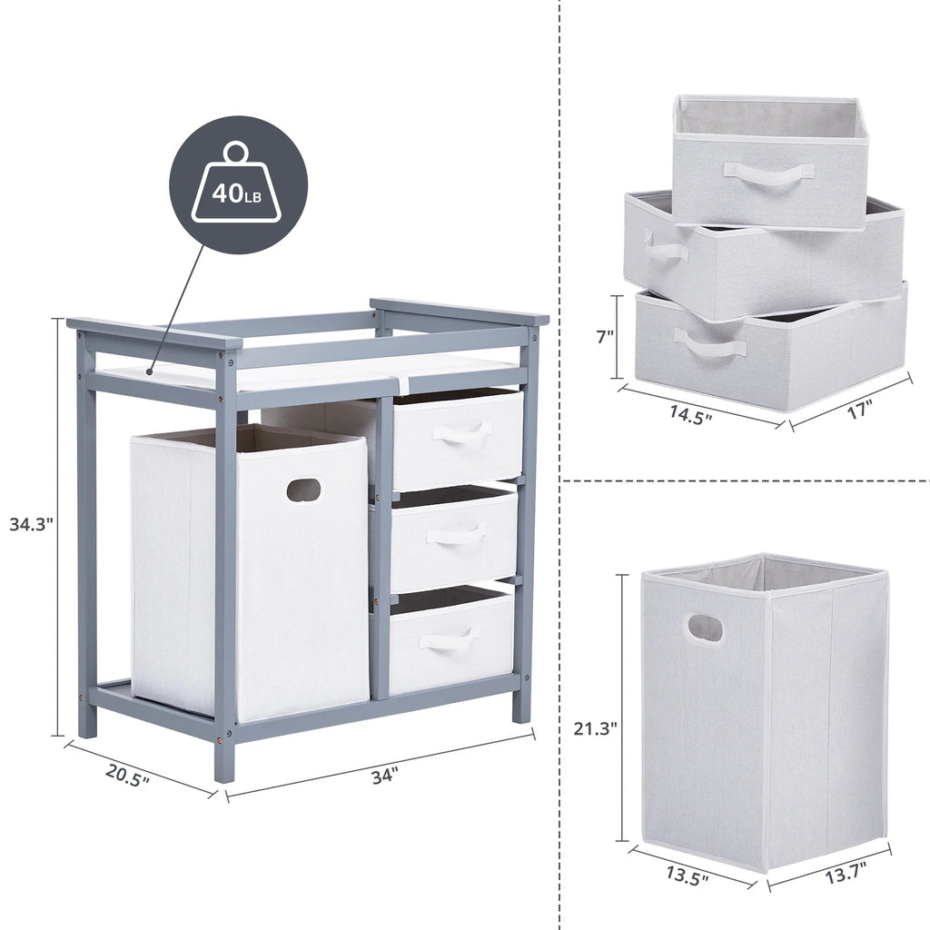 StrollerWooden Baby Changing Table, Wooden Infant Diaper Changing Station Dresser with Laundry Hamper, 3 Drawer Basket and Chang