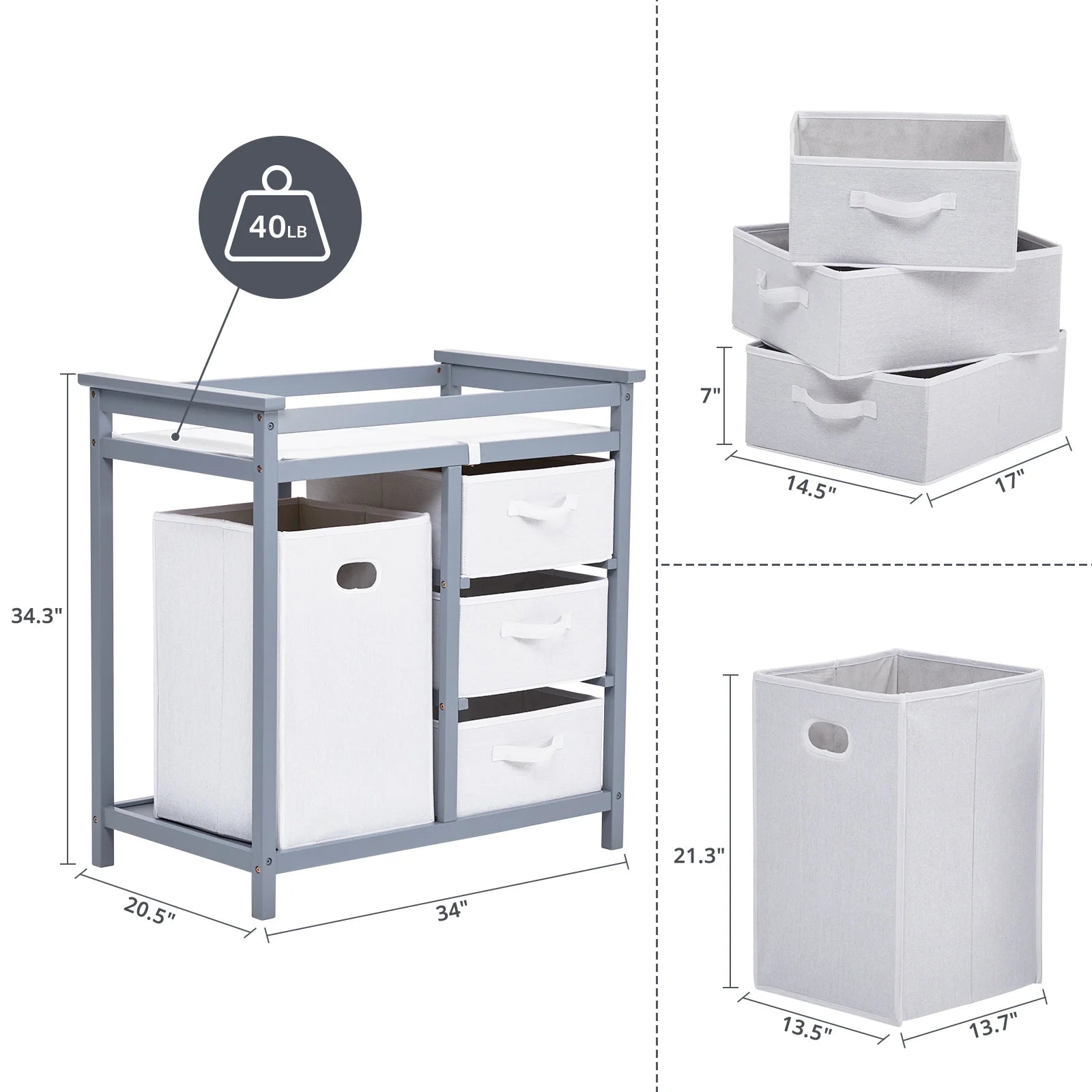 StrollerWooden Baby Changing Table, Wooden Infant Diaper Changing Station Dresser with Laundry Hamper, 3 Drawer Basket and Chang