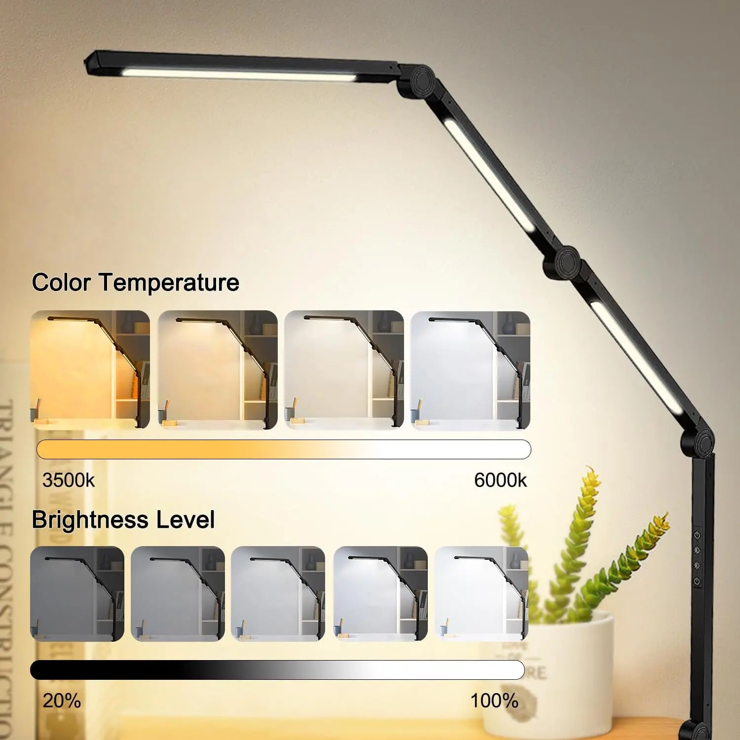 LED Desk Lamp, Clamp, 4 section Swing Arm, Three lights: 4 Colors, 5 Brightness