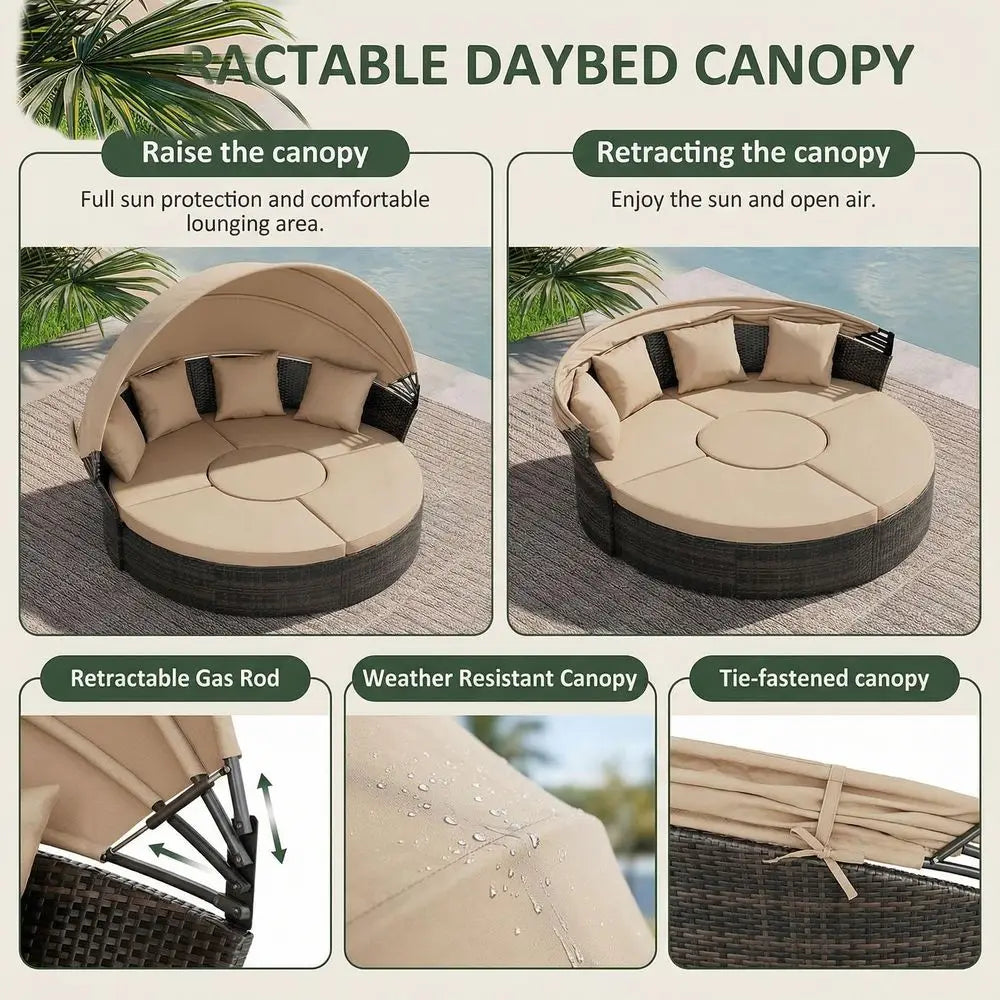 Wicker Rattan Sectional Round Sofa  5-PC w/Retractable Canopy