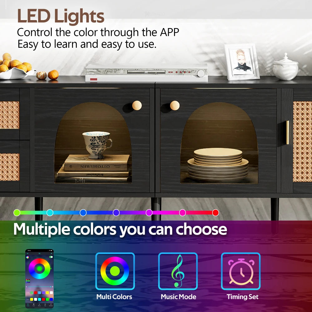Rattan-inspired Media Console, 3 Cabinets, 2 Drawers for TVs up to 80'' LED Light