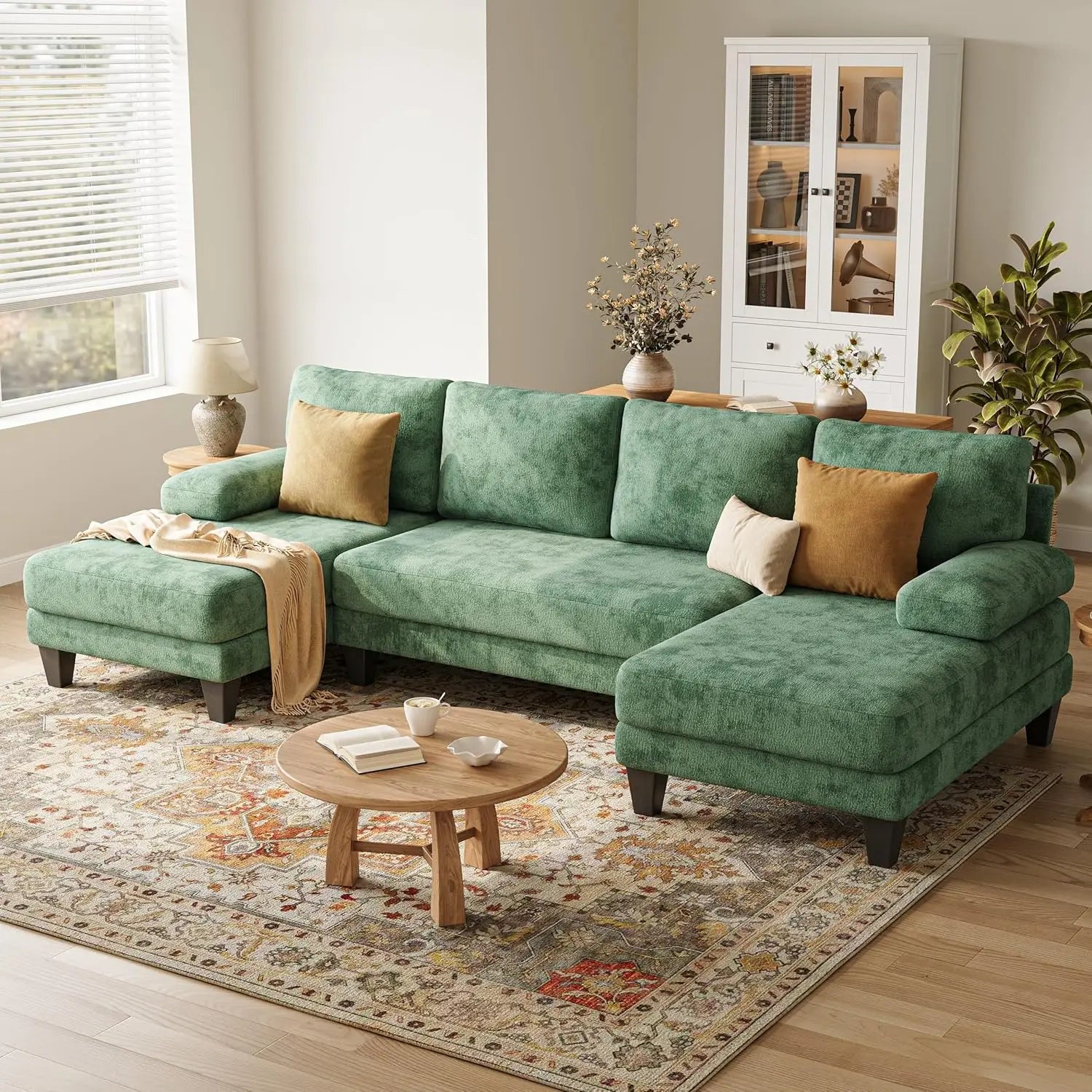 U-Shaped Sectional Couch | Chenille Sofa Double Chaise | 112IN