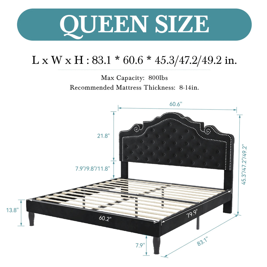 Full/Queen/King Velvet Diamond Tufted Upholstered Adjustable Headboard, Platform Bed Frame