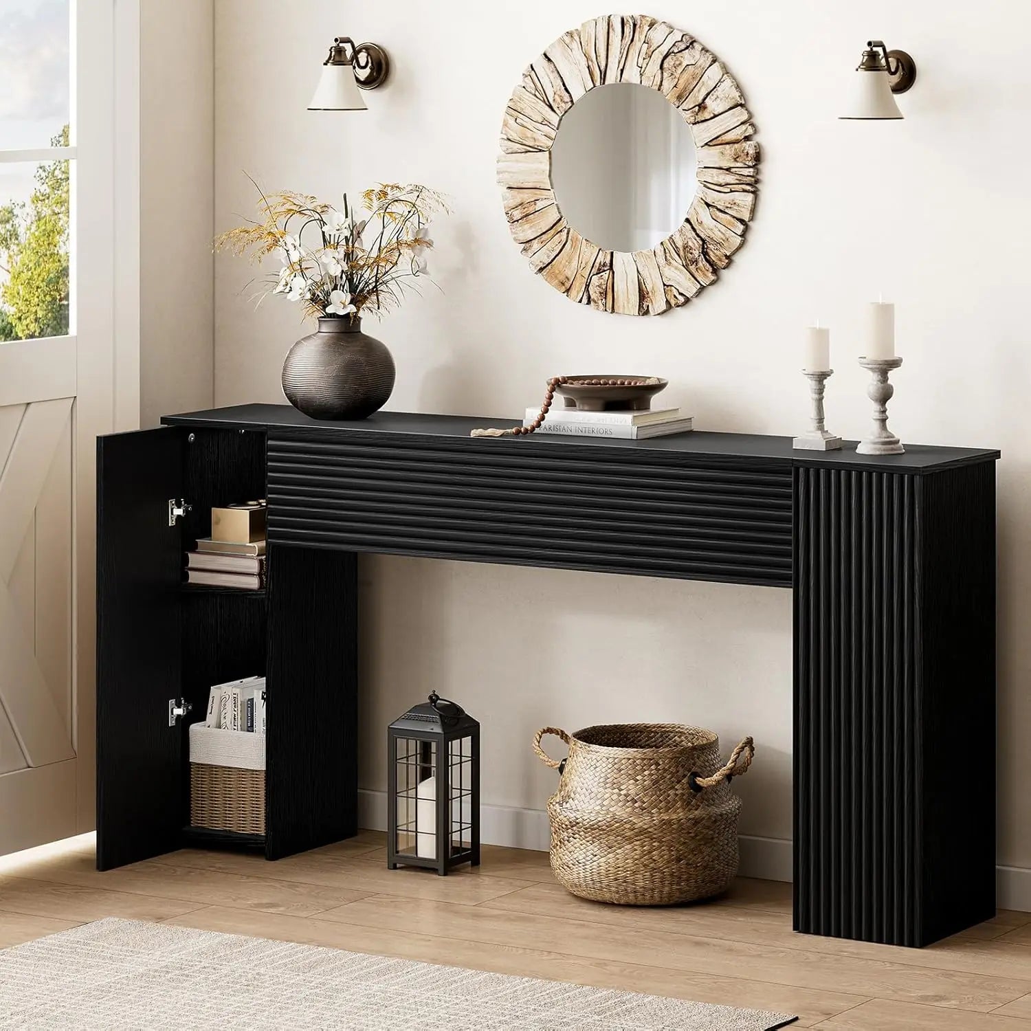 61'' Fluted Console Wooden Rectangular Table, 2 Hidden Storage