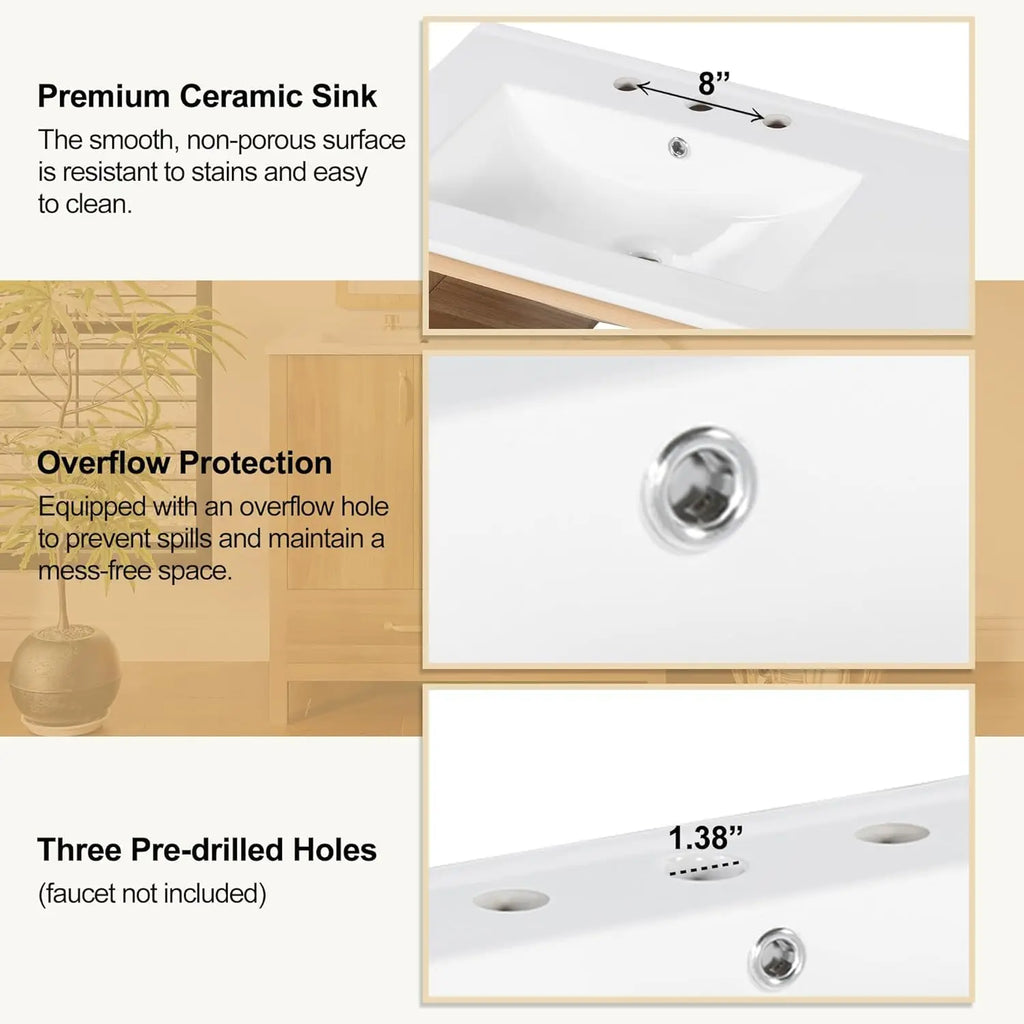 36in Wood Bathroom Vanity/Sink, 3 Drawer Storage Adjustable Shelf.