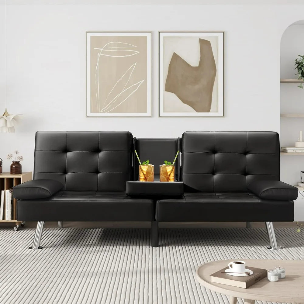 Futon Sofa Faux Leather Couch, Bed Recliner 2 Cup Holders