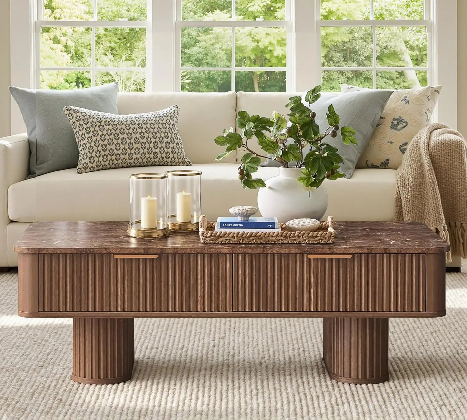 Fluted Coffee Table Storage, Faux Marble Top, Minimalist Rectangle Shape