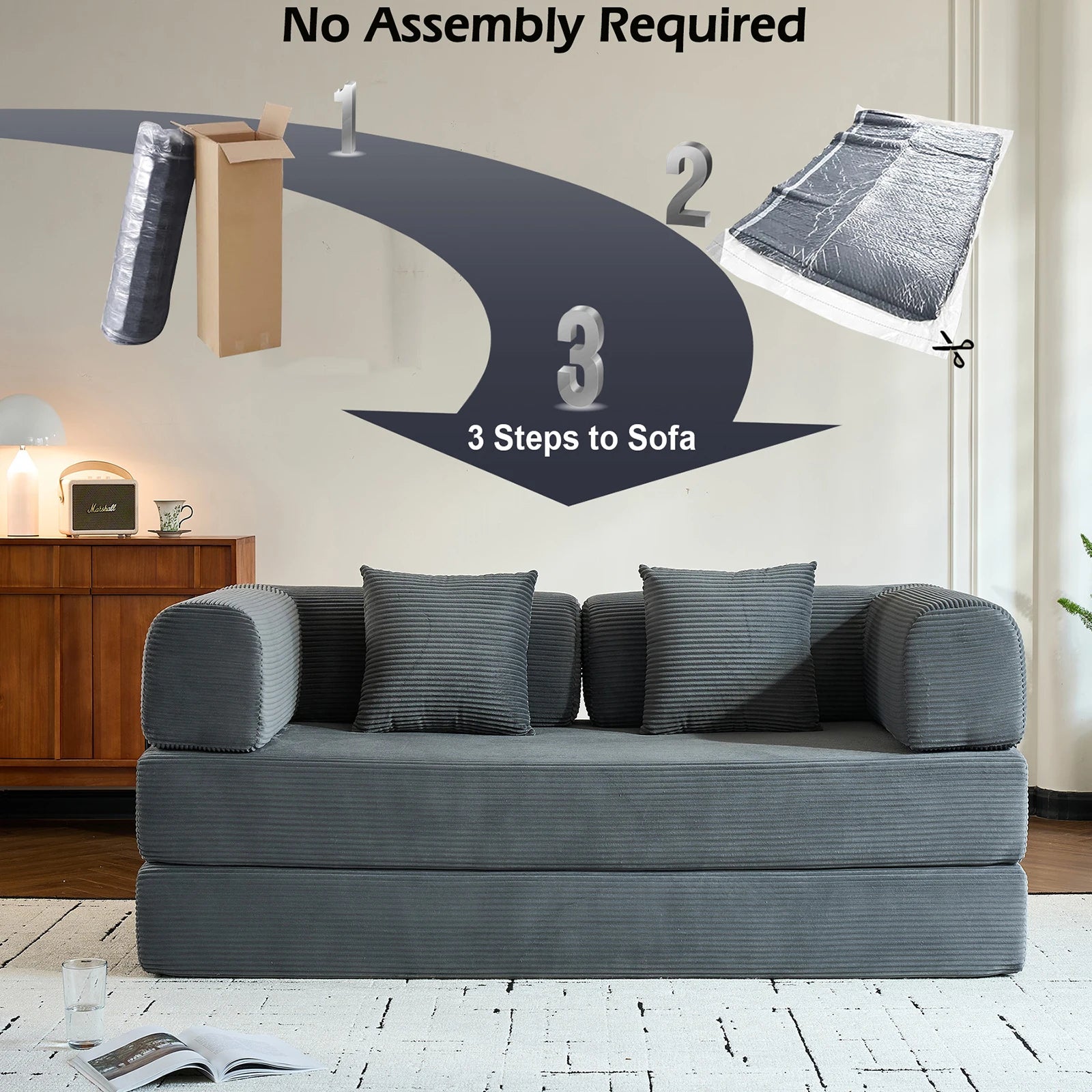 79" Folding Convertible Oversized Corduroy Sofa Bed, Boneless Loveseat