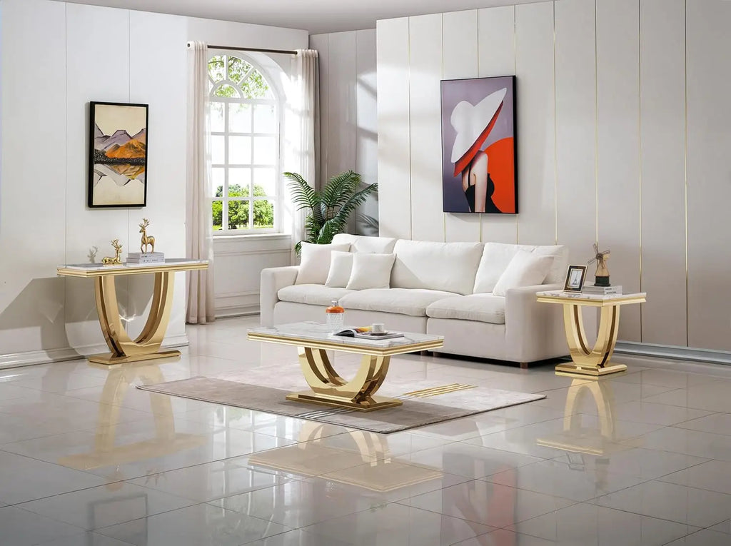 Luxury White Faux Marble End Table, Side Table U-Shape Gold Mirrored