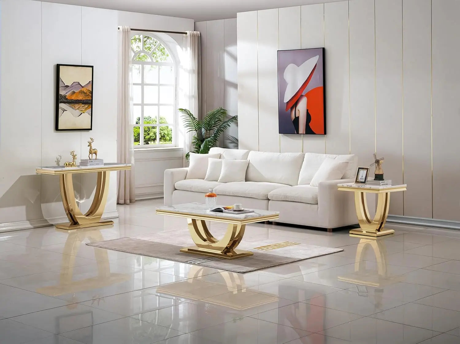 Luxury White Faux Marble End Table, Side Table U-Shape Gold Mirrored