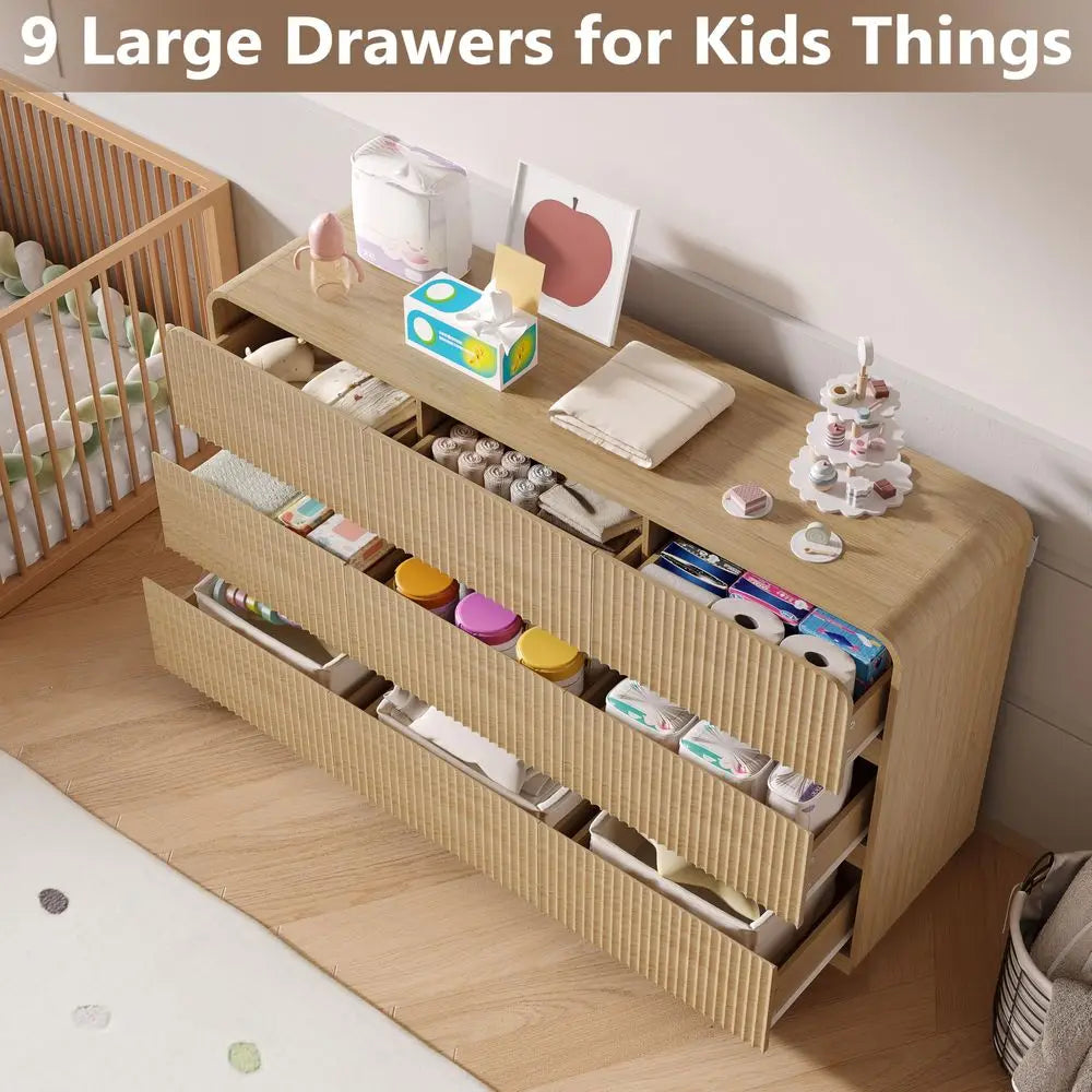 9-Drawer Dresser, Fluted Chest of Drawers Round Curved Corner, Hidden Handles