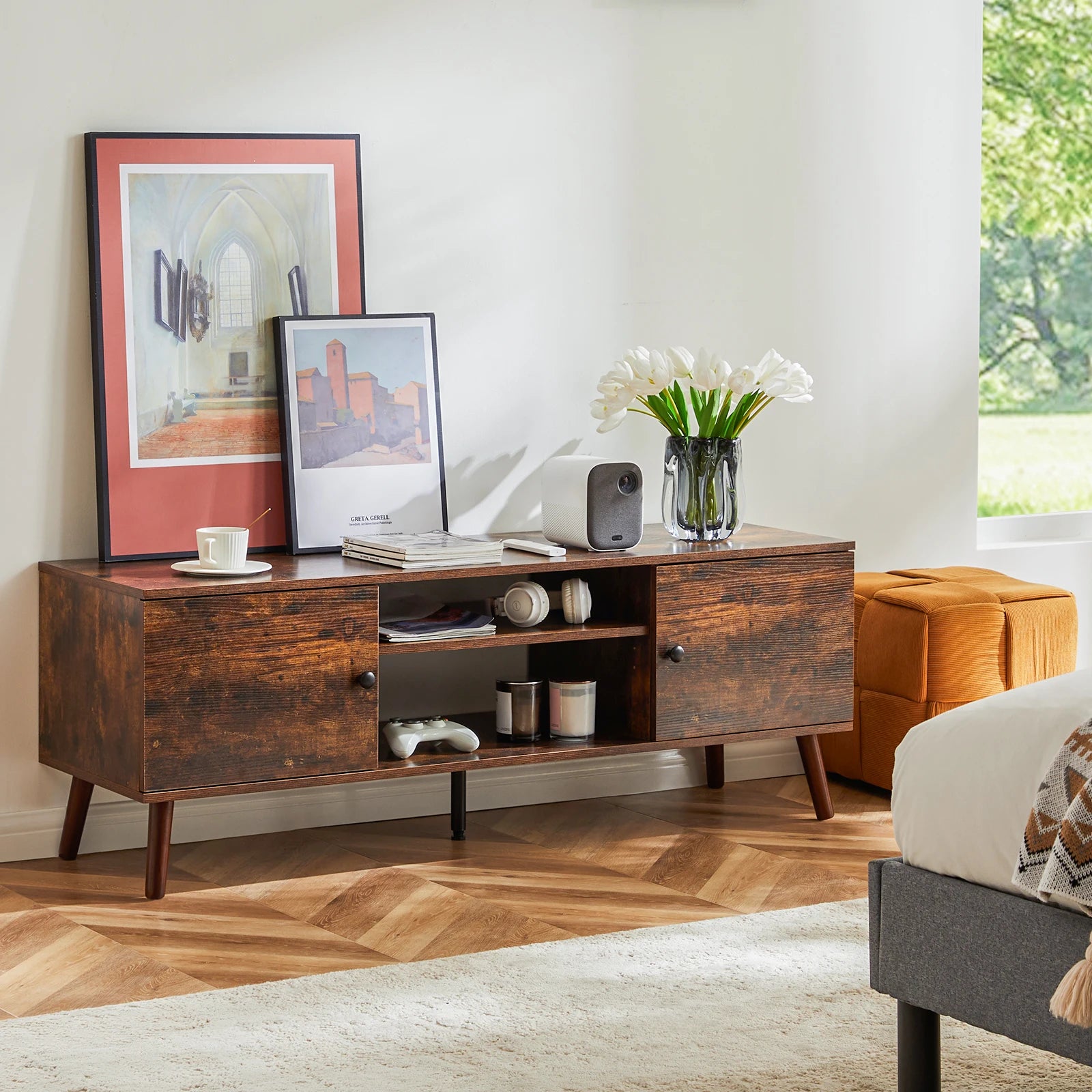 Wooden TV Stand For Up To 60 Inch TV's, Adjustable Shelf, 2 Storage