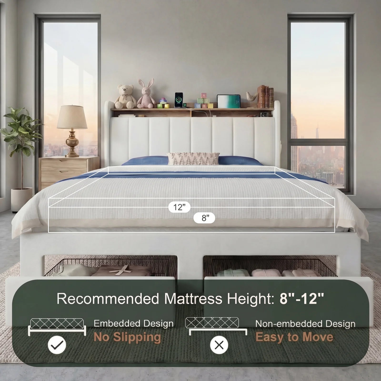 Full/Queen/King Bed Frame, 2-Drawer/2-Tier Shelves LED Lights, Charging Station, No Box Spring