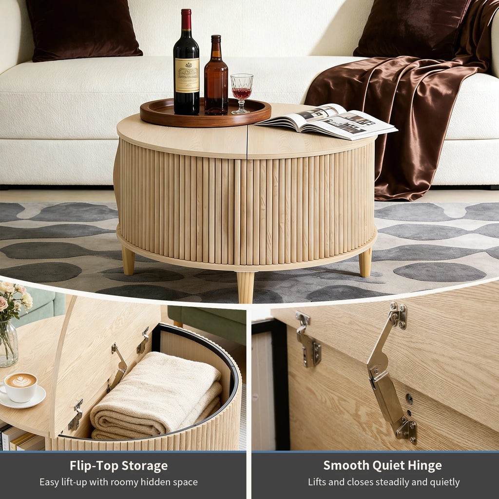 31IN Round/Flip-Top Storage Coffee Table, Fluted Center, 2-Tier, Sliding Door