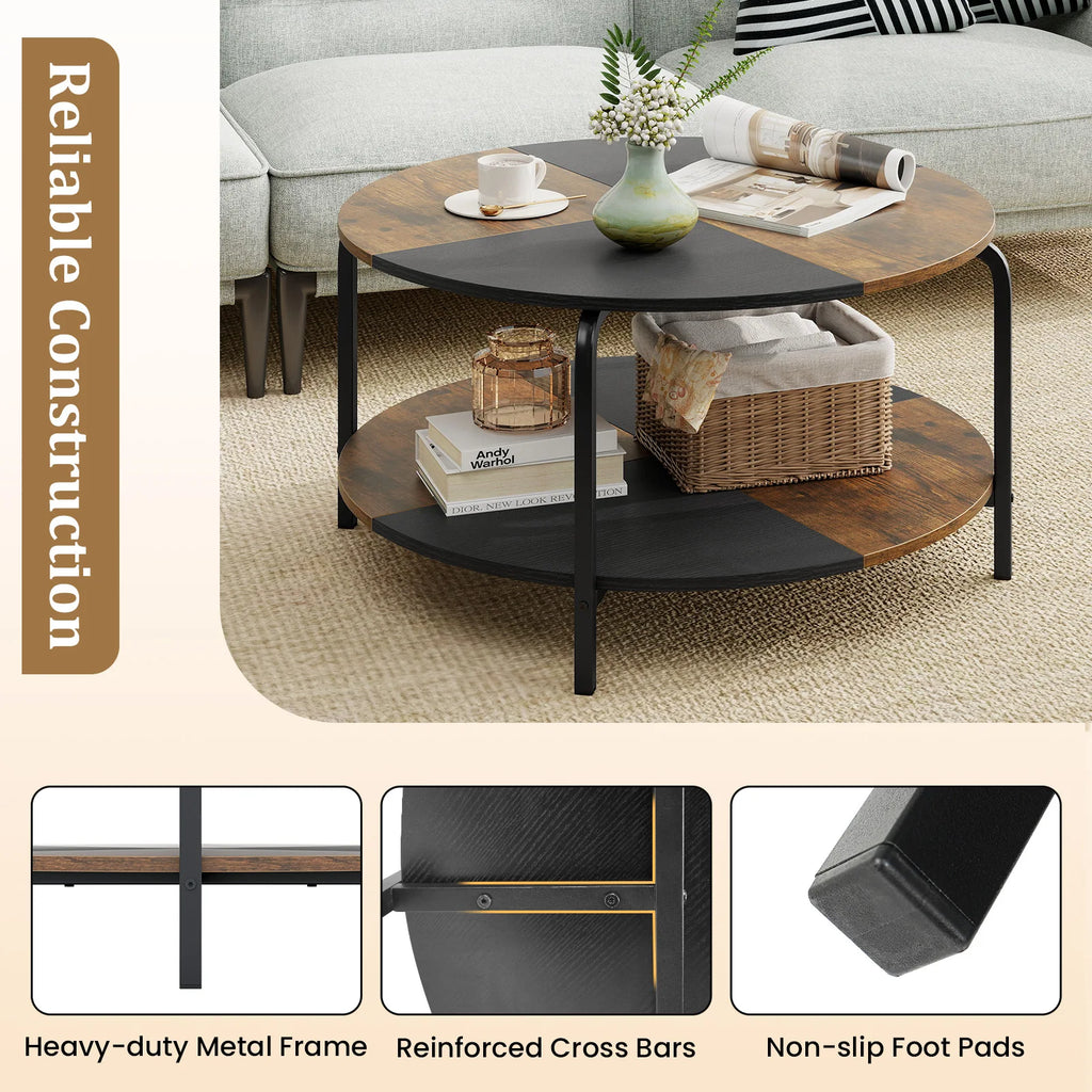 2-Tier Round Coffee Table w/ Storage Shelf, Metal Frame