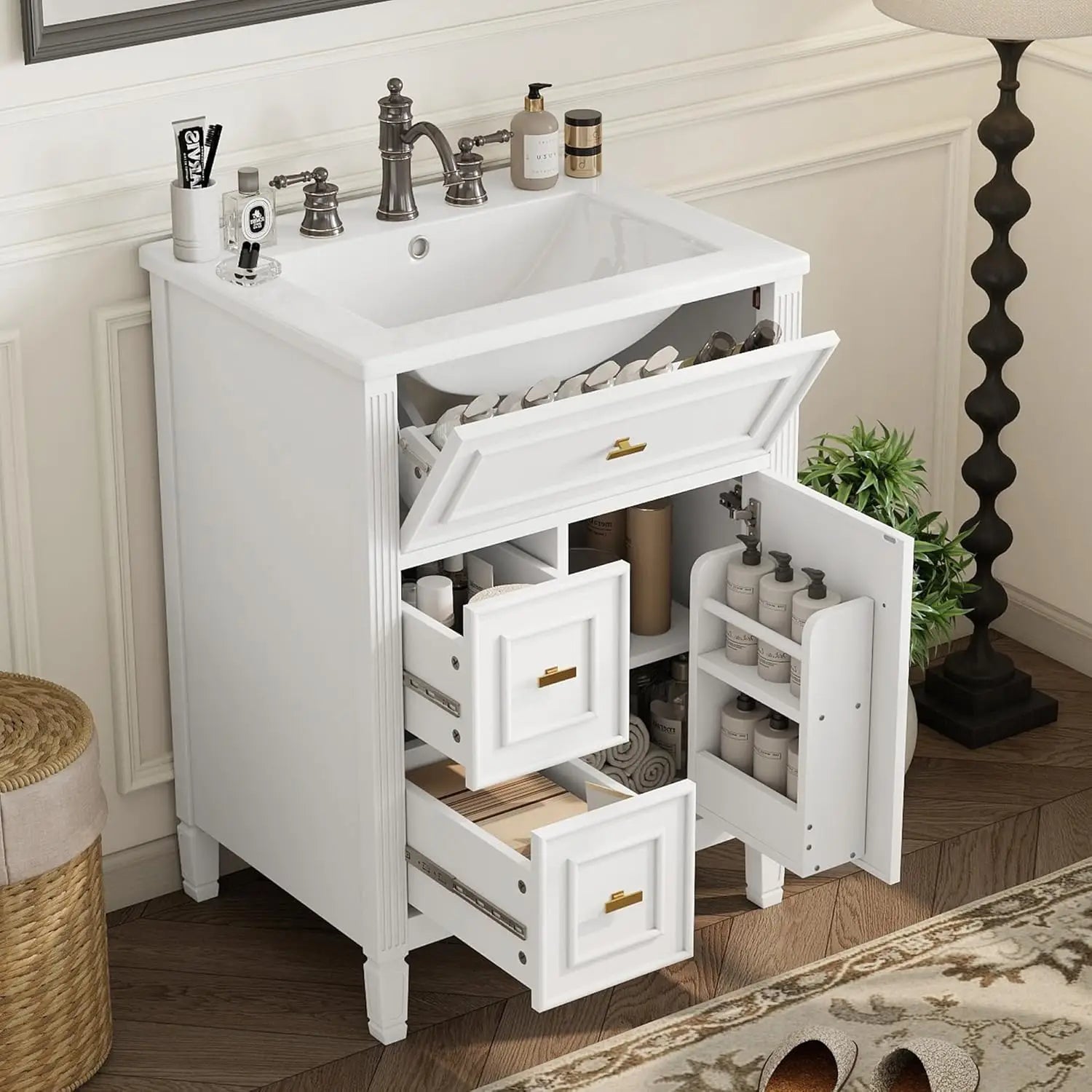 24-inch Vanity Flip Drawer Single Storage Cabinet 2 Drawers