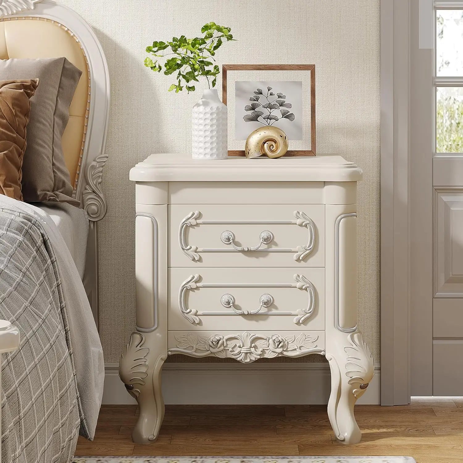 White Nightstand, End Table 2-Drawers Carved Side Table