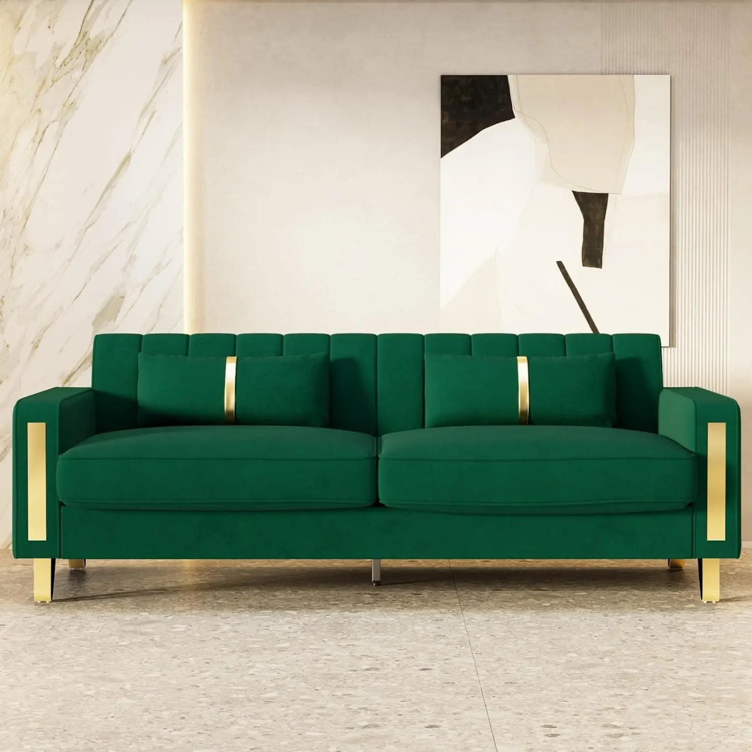 Velvet Chesterfield, Black 82" Sofa, Gold Metal Legs