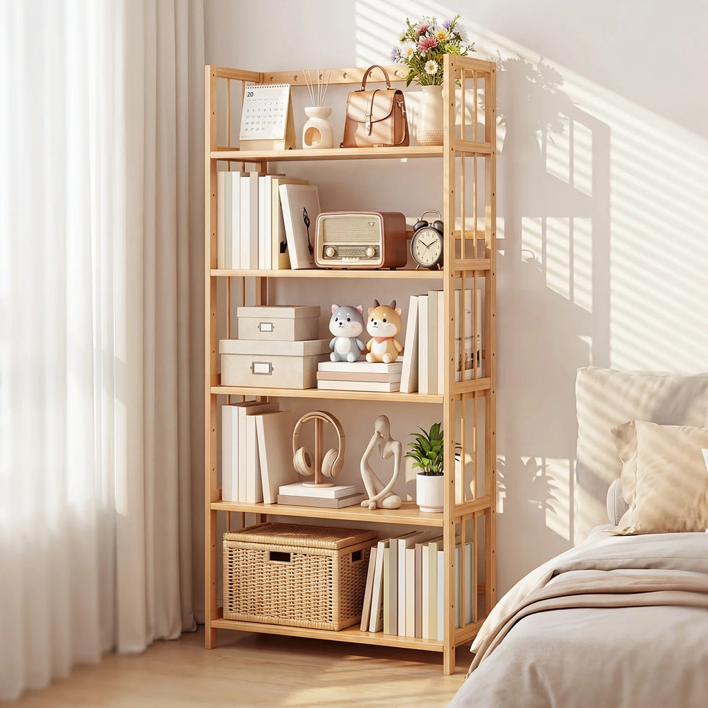 Bamboo Bookshelf Adjustable Narrow 4 or 5 Tier, Natural Organizer for Small Spaces