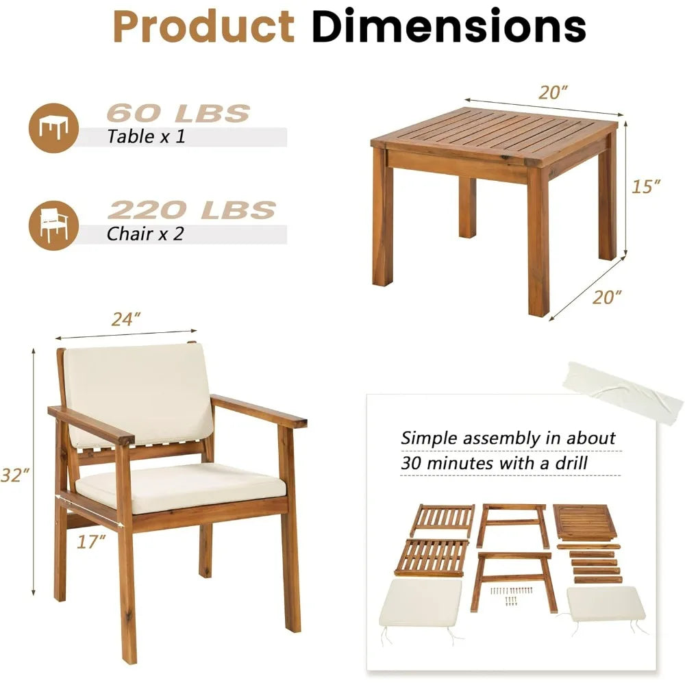 3 Piece Acacia Wood Patio Coffee Table, Chairs & Cushions