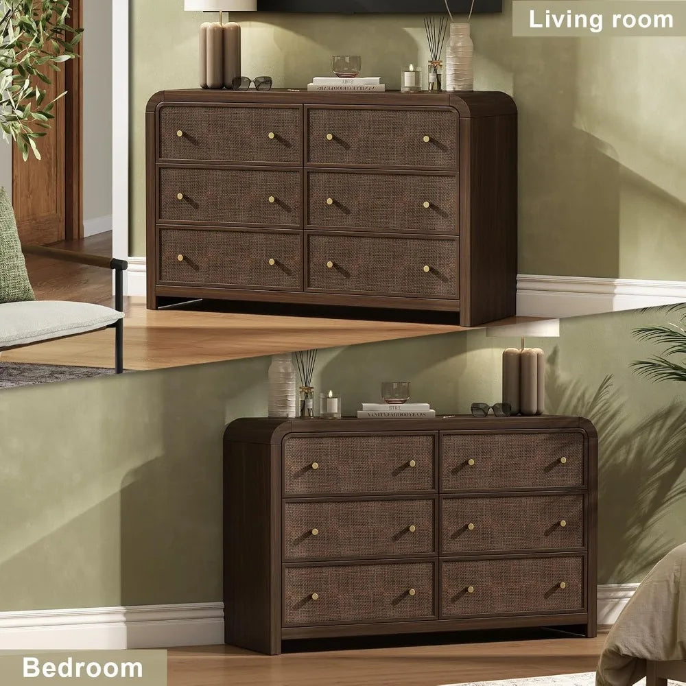 49IN Rattan Dresser, 6-Drawers, Boho Thickened Curved Design, Dark Walnut