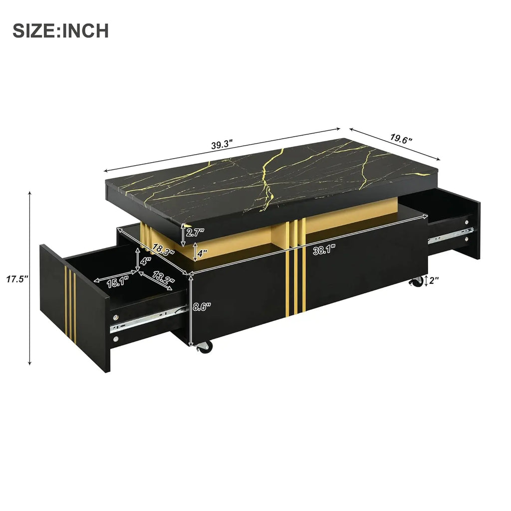 Coffee Table, Faux Marble Top, Rectangular with Caster Wheels.