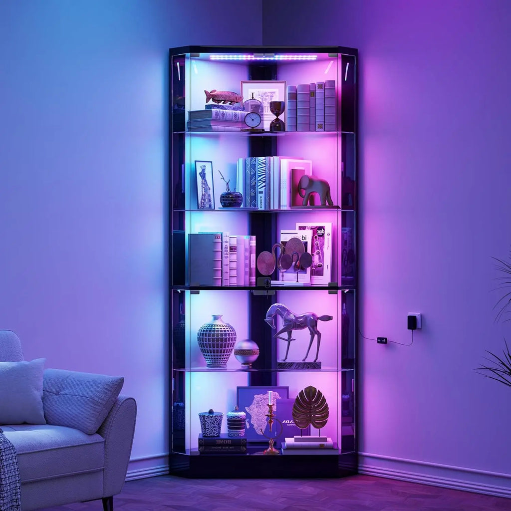 Corner Cabinet RGB Lights, 5-Tiers Cabinet Display with Lock, 69" Tall