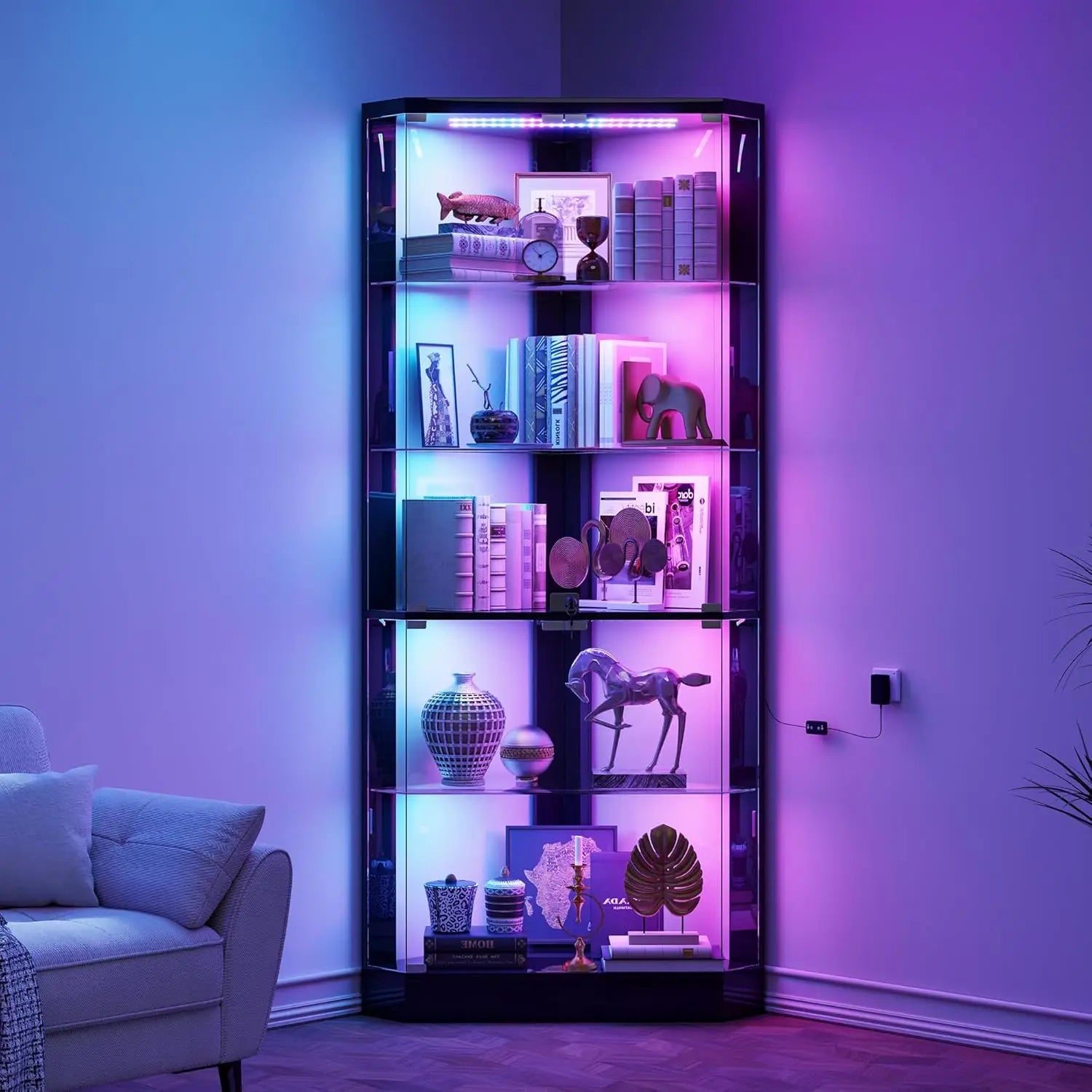 Corner Cabinet RGB Lights, 5-Tiers Cabinet Display with Lock, 69" Tall