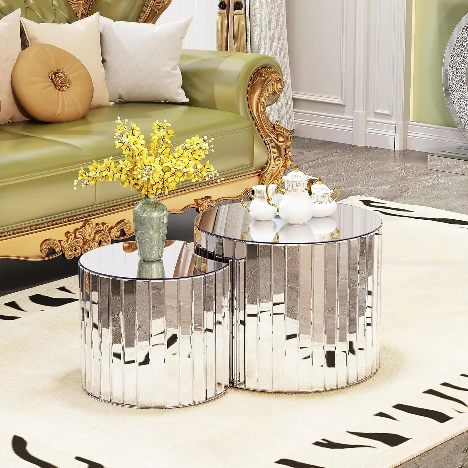 47.25" Round Wood Drum Coffee Table Set 2 No Assembly