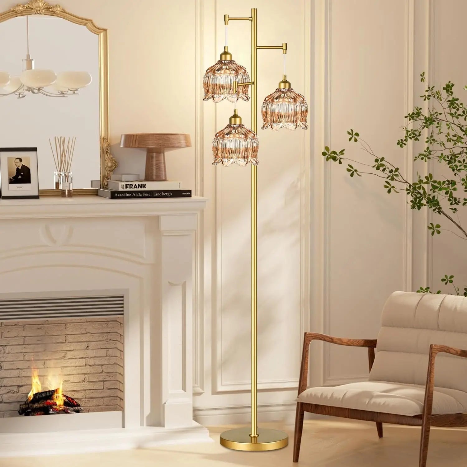 68IN Gold Floor Lamp Unique Glass Shades Includes 3 Bulbs