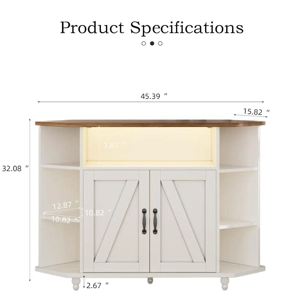 Corner Farmhouse Entertainment Center 50IN, LED Lights, Adjustable Shelves Barn Doors