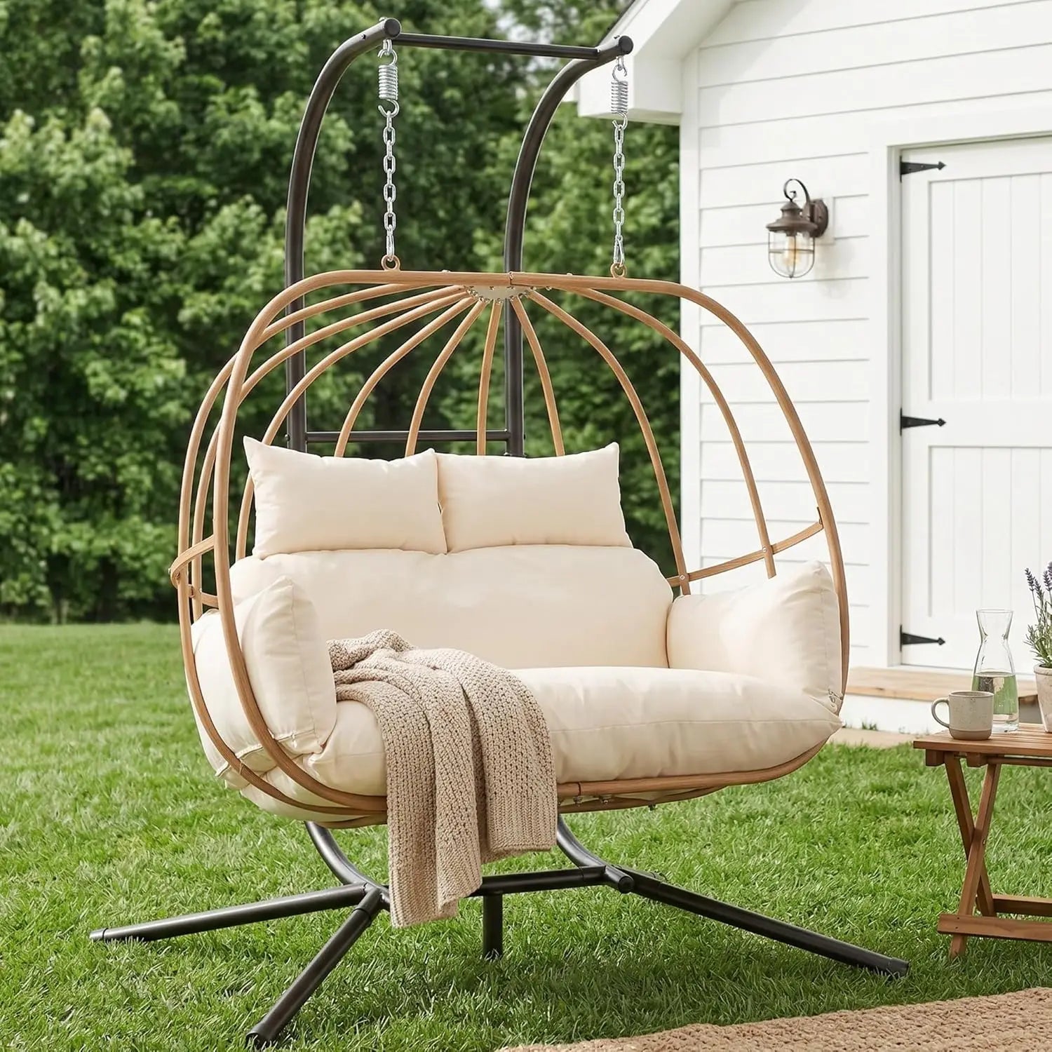 Double Egg Swing Chair, Stand, Cushions, Headrest, 80"H Metal Basket