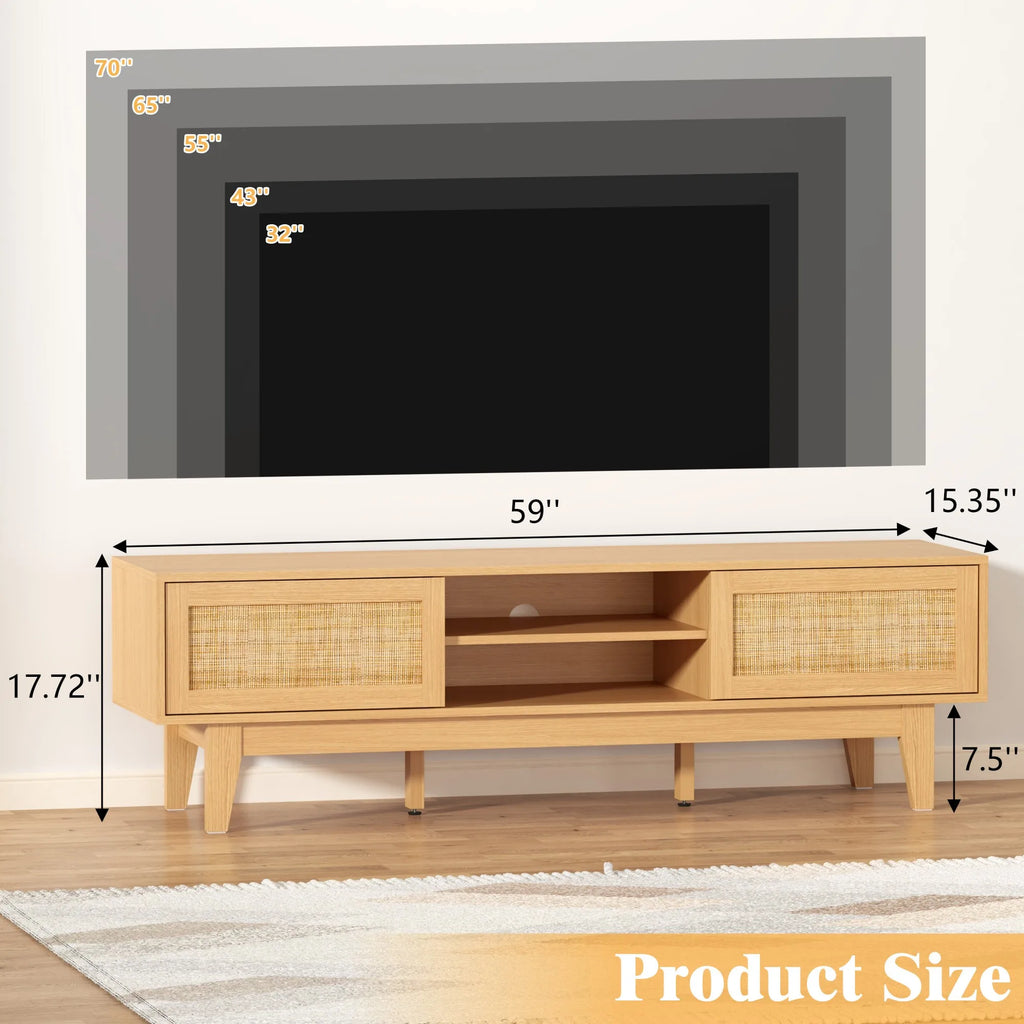 Entertainment Center for 55 65 Inch TV, Rattan, Shelves, Cabinets Sliding Doors