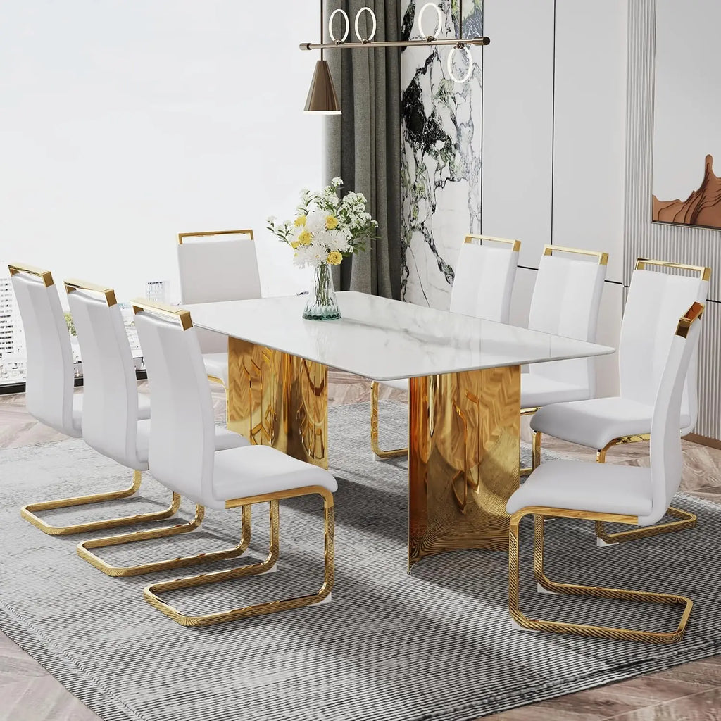 71IN Gold Table for 8, White Marble Golden Stainless Steel Base