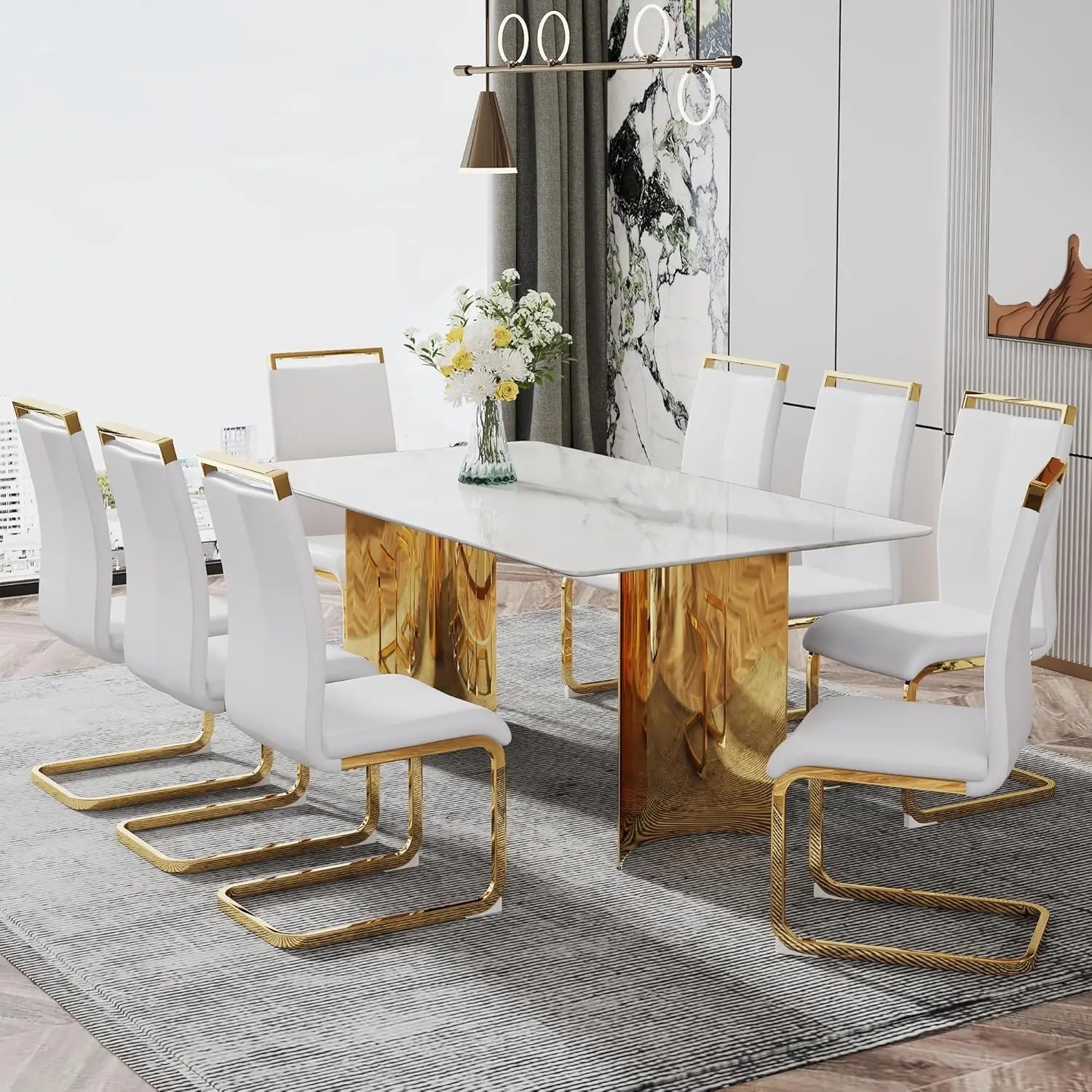 71IN Gold Table for 8, White Marble Golden Stainless Steel Base